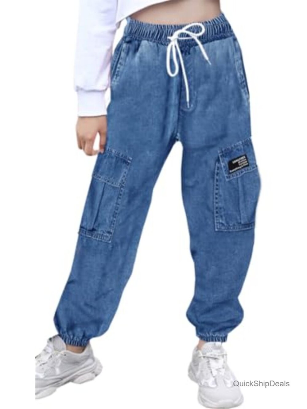 High Rise Cargo Jogger Pants with Pockets, Elastic Cuff, Cotton Blend
